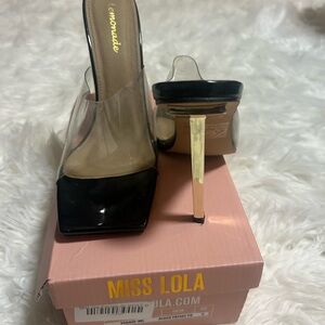 Miss Lola Transparent and Black Heels with Gold Accents